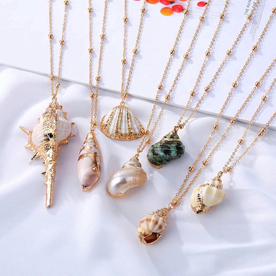 #ad Beach Shell Pendant Necklace Gold Tone Seashell Chain Gift For Her $12.99
