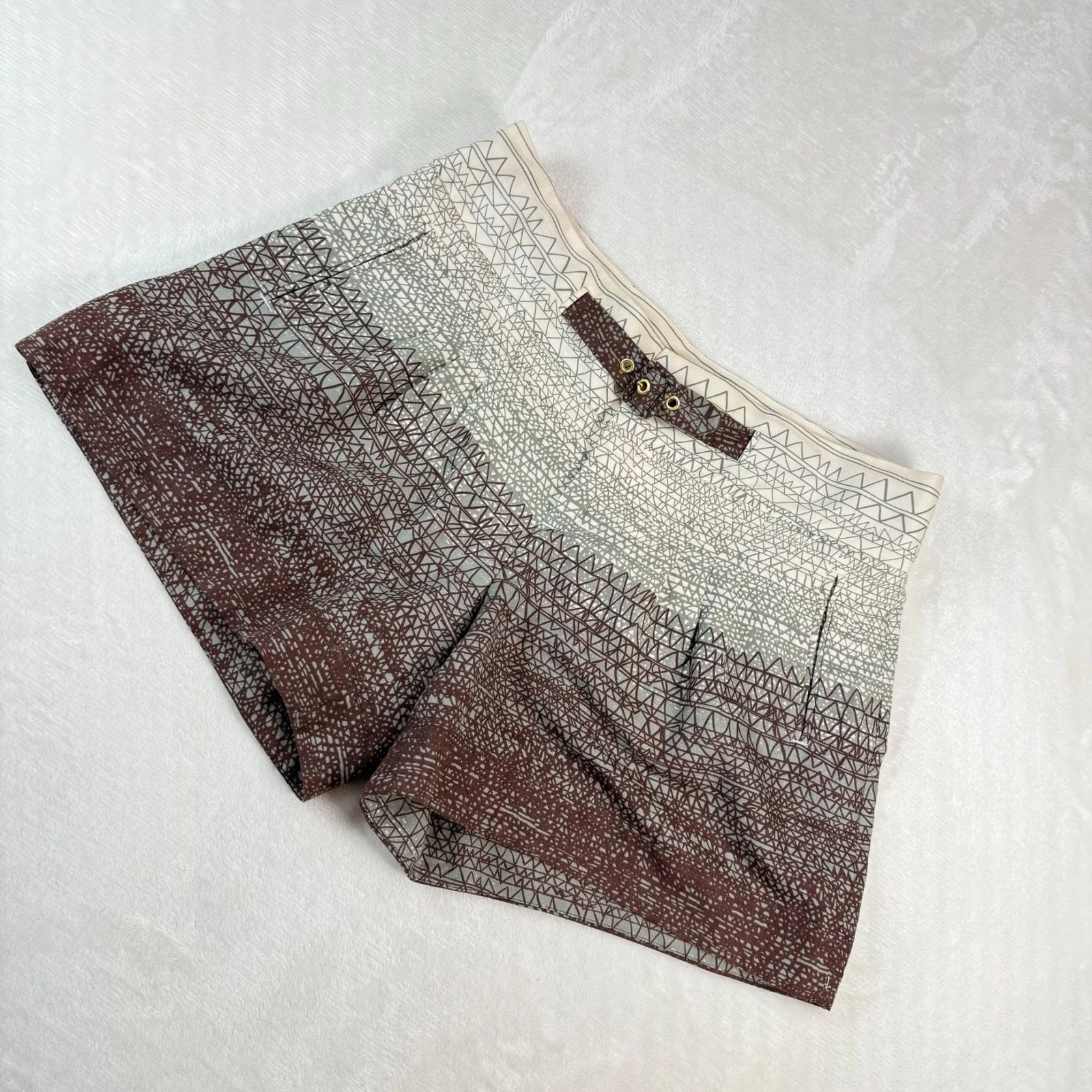 Anthropologie Coquille Scribble Shorts Brown Cream Womens 6 Linen Buckle Front