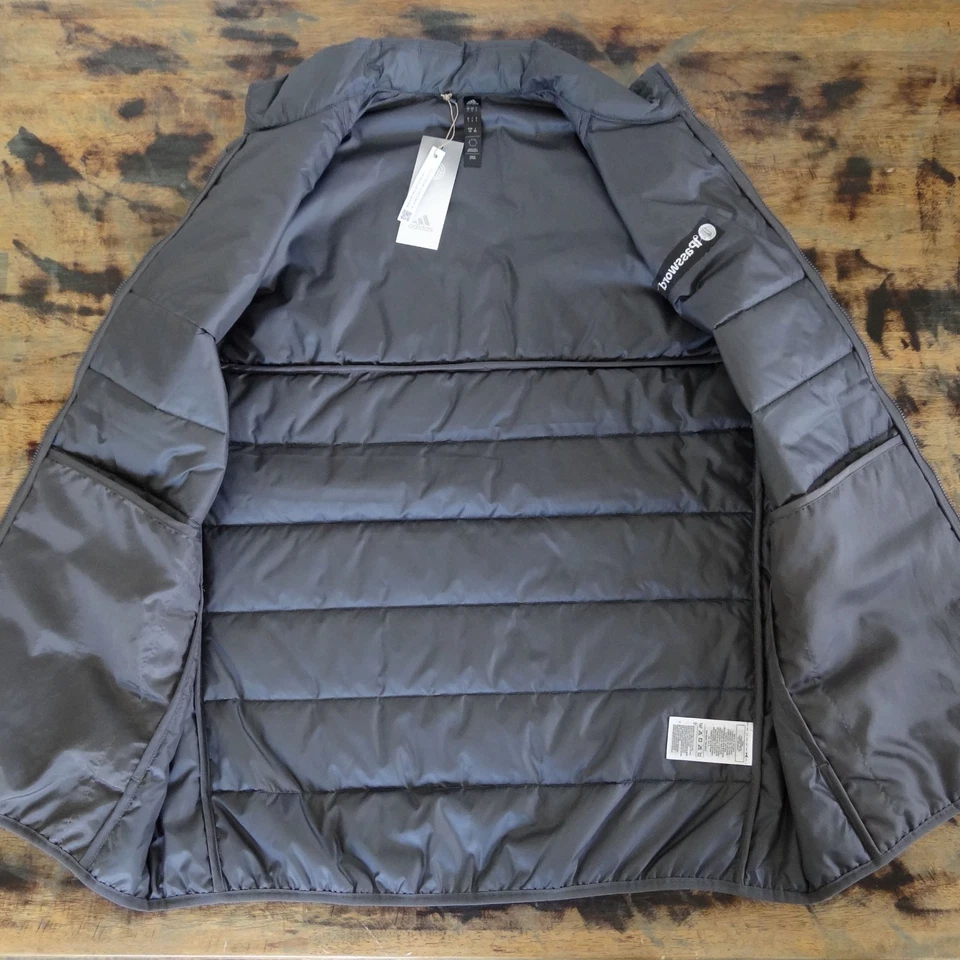 Chaleco acolchado de golf ADIDAS para hombre talla L bolsillos con cremallera completa gris 1 logotipo de contraseña nuevo con etiquetas Foto 3 de 4