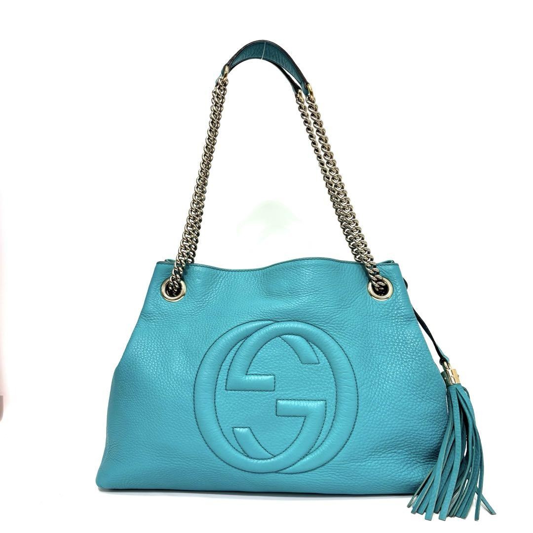 Auth Excellent GUCCI Soho Chain Tote Bag Shoulder Bag Leather Blue G81214