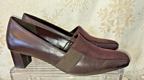Naturalizer Gadget Brown Leather Fabric Pumps 8.5M Block Heel Comfort