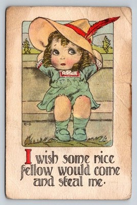 Vintage ''I Wish Some Nice Fellow Would Steal Me'' Flapper Girl Postcard c1910s