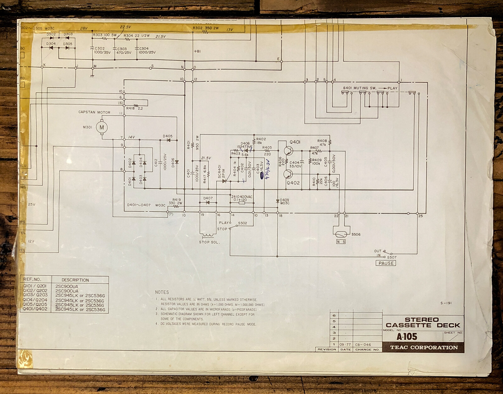 Teac A-105 Cassette  Fold Out Schematic *Original*
