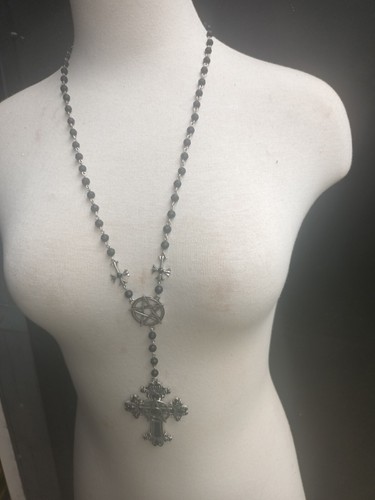 Wiccan Crucifix Necklace Goth New Extra Long Stainless Steel Jet Beads