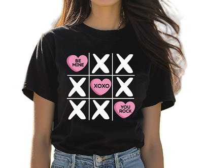 Girl's & Women s Black Valentines T-Shirt Tic-Tac-Toe Candy Hearts, Unisex sizes