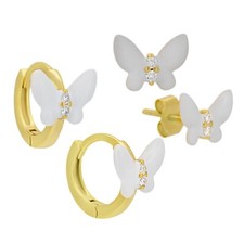 White Butterfly Sterling Silver Gold Color Huggies  Stud Earrings