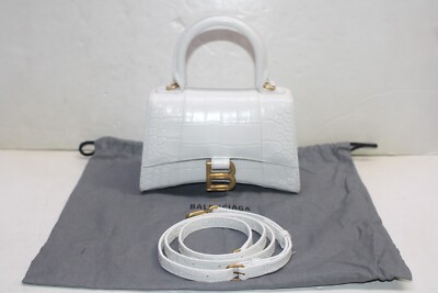 Balenciaga Hourglass XS Top Handle Handbag White Croc Print Leather Bag Rt $2800