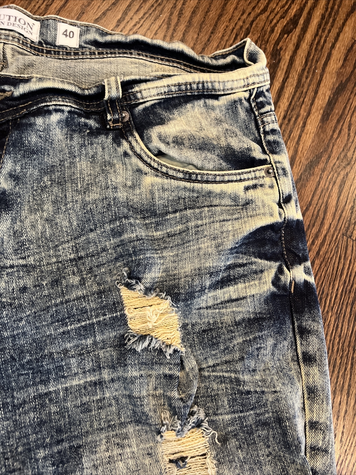 Evolution In Design - Mens Size 40 Jean Shorts Blue Denim Distressed Acid Washed - View 4