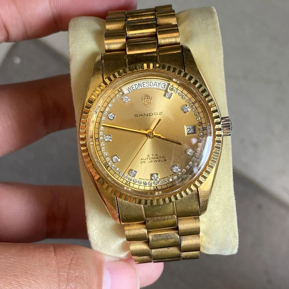 RARO Reloj Sandoz President Automático Índice Diamante Día Fecha Oro Hecho en Suiza Foto 4 de 4