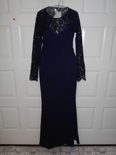 Lulu Navy Blue Full Length Formal Dress With Lace Top And Sleeves (Size Small)