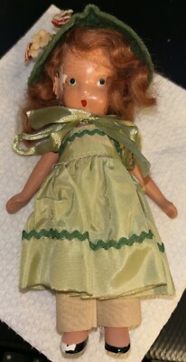 Nancy Ann Story Book Doll--Used, has some damage--5.5'', redhead w/ green dress