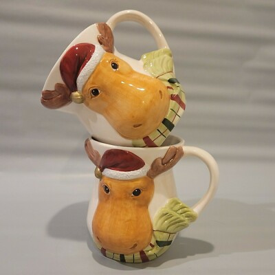 Harry and David Moose Mugs Green Plaid Scarf 2 Hot Coco Coffee Tea Cup 18oz