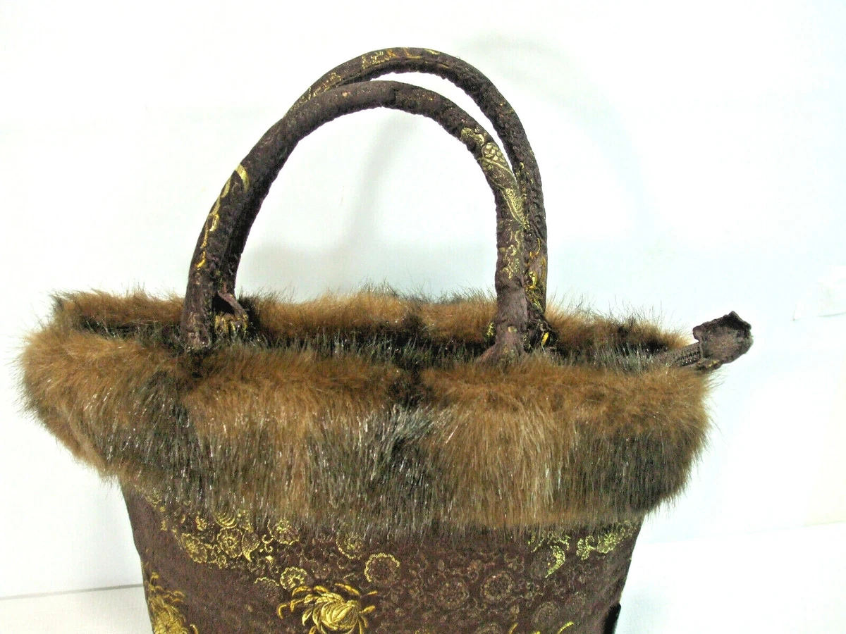 Murval Purse Bag Brown Gold Floral Fabric Faux Fur Top 2 Handles Zip Closure 13