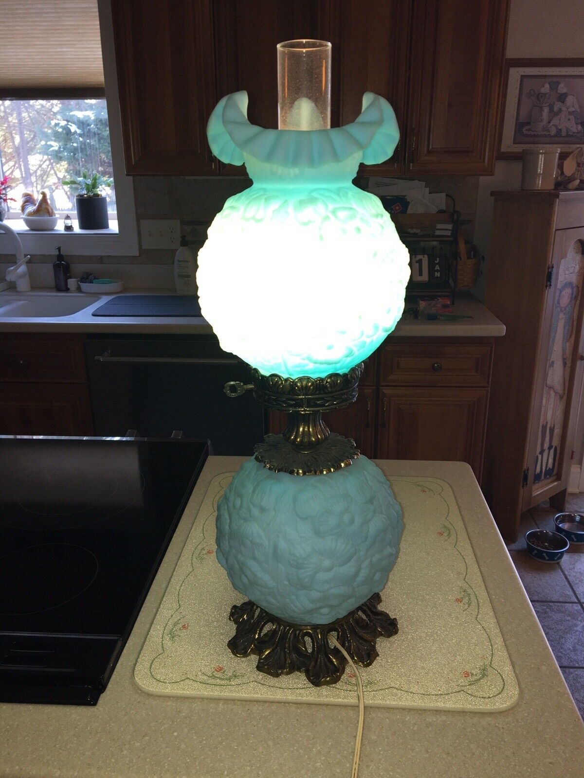 BLUE SATIN Fenton PUFFY POPPY Embossed Art Glass GWTW Gone With The Wind LAMP