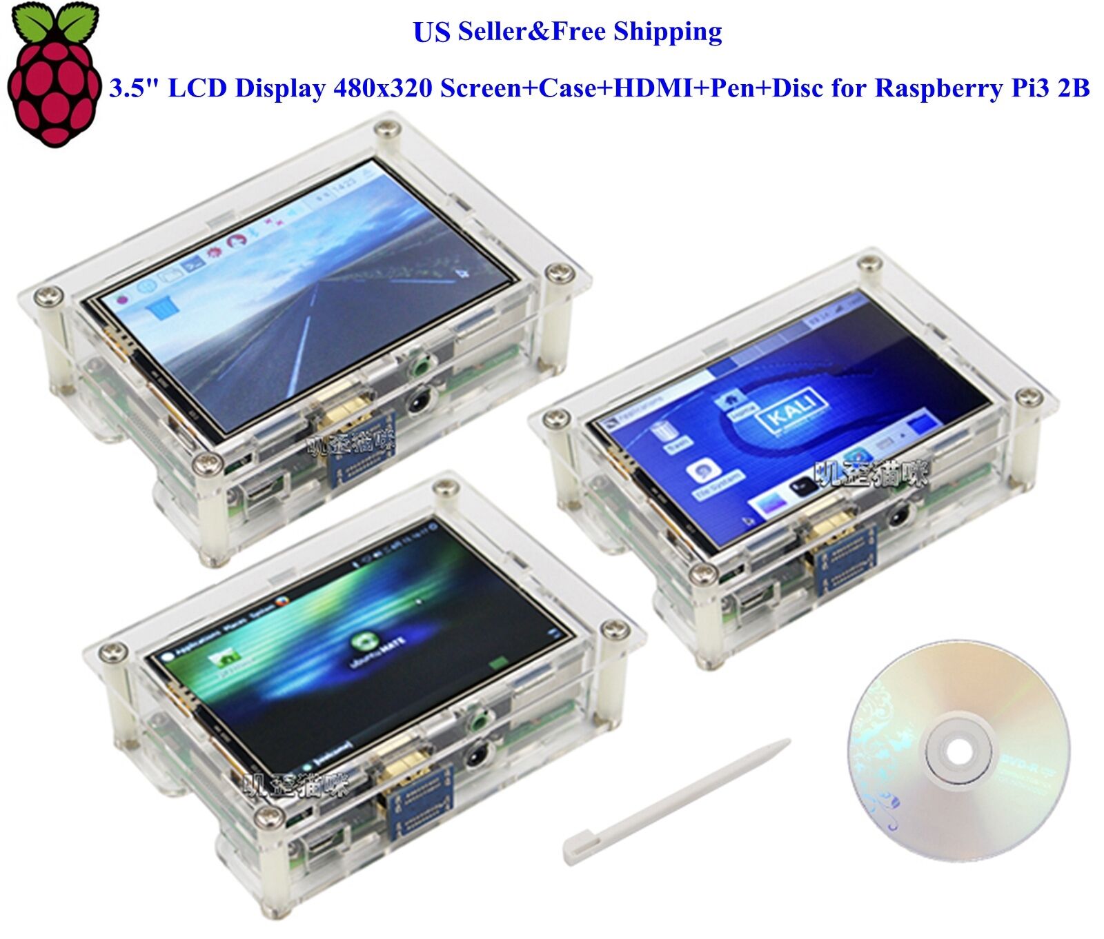 US 3.5" HDMI LCD Display 480x320 Screen+Case+HDMI+Pen+Disc for Raspberry Pi3 2B