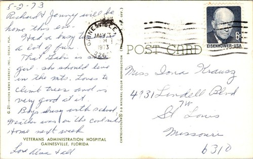 Veterans Administration Hospital Gainsville Florida Postcard - Picture 2 of 2
