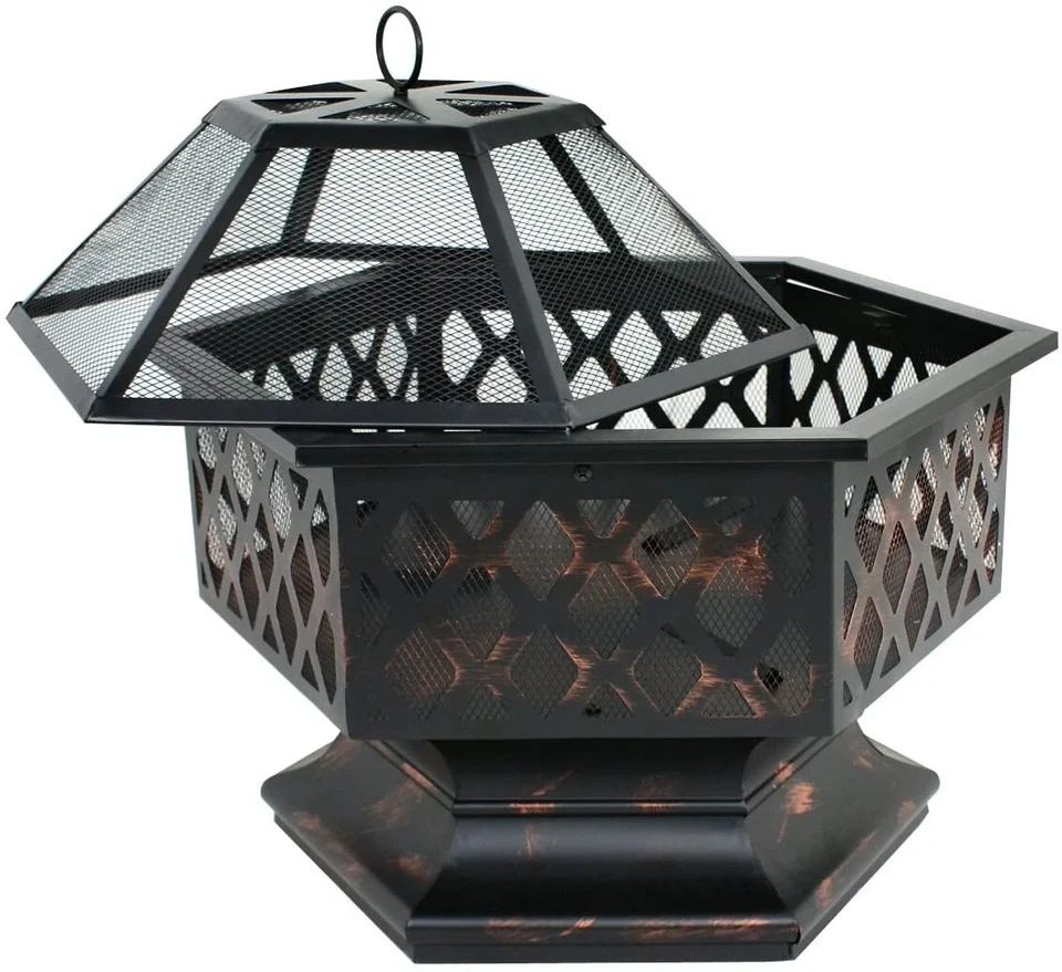 Fogata exterior 24" cuenco hexagonal madera acabado bronce acero chimenea jardín patio Foto 4 de 4