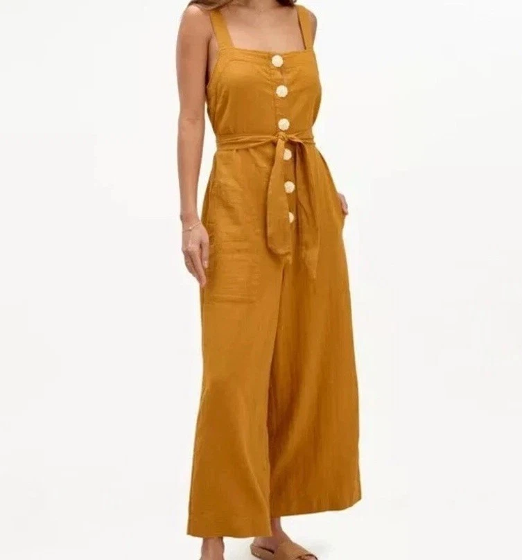 NWT MLL x Splendid Womens Small Linen Blend Belted Wide Leg Jumpsuit Marigold - Image 3 of 4