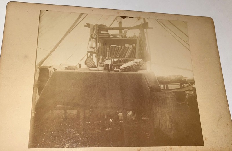 Rare Antique Western American Camp Tent Interior! Rifle Banjo Axe Cabinet Photo!