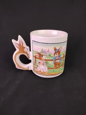 Vintage Rare Peter Cottontail on Fence Ceramic Mug with Bunny Shaped Handle