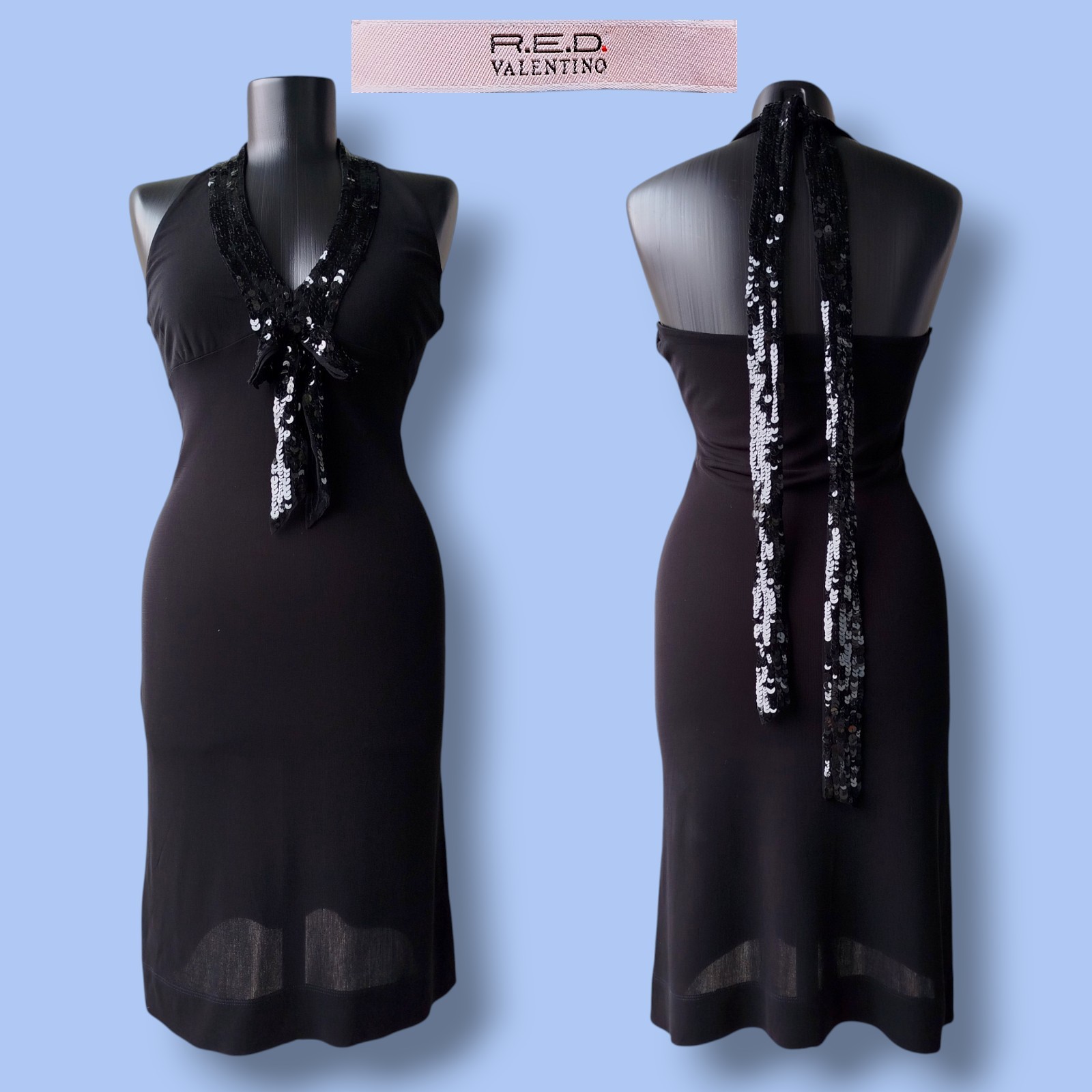 RED Valentino Cocktail Dress Black Halter Sequins Bow Vintage Size 42/S