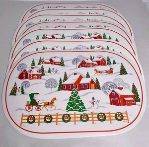 Vintage 80s Town & Country Vinyl Christmas Village Scene Placemats Set Of 7
