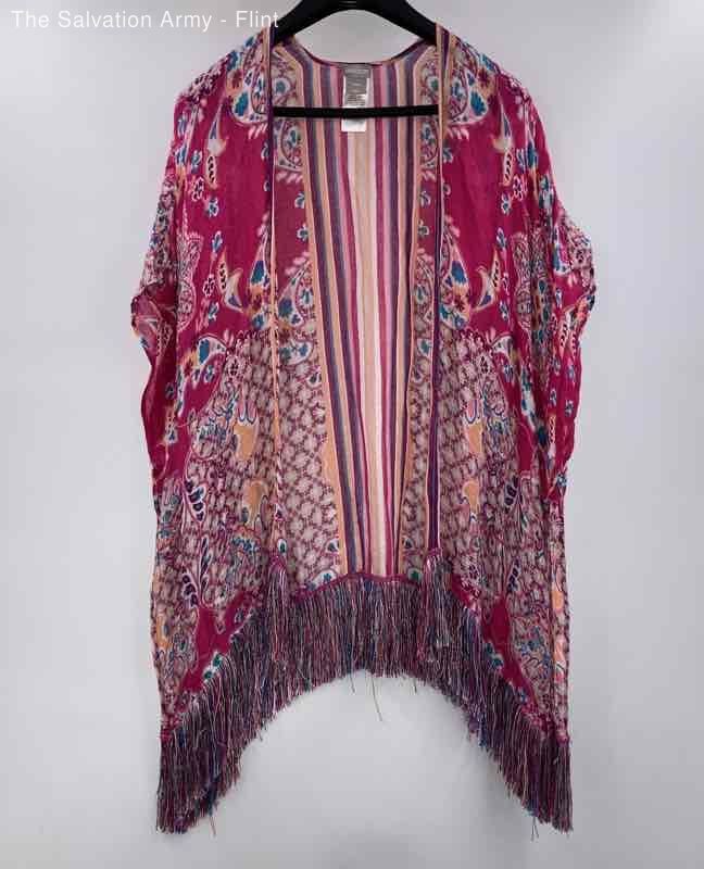 Chico's Womens Pink Linen Blend Floral Fringe Cover Up Kimono Blouse Top Sz S/M