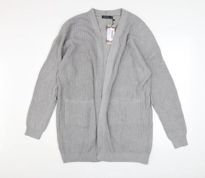 Boohoo Damen Strickjacke grau Grobstrick Langarm offen S