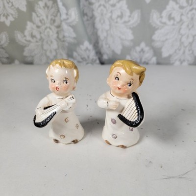 Two vintage musical boy angel figurines - gold gilded lute and harp made in Japa