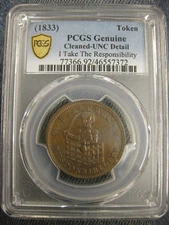 1833 Hard Times token - I Take The Responsibility - PCGS Genuine Unc Details