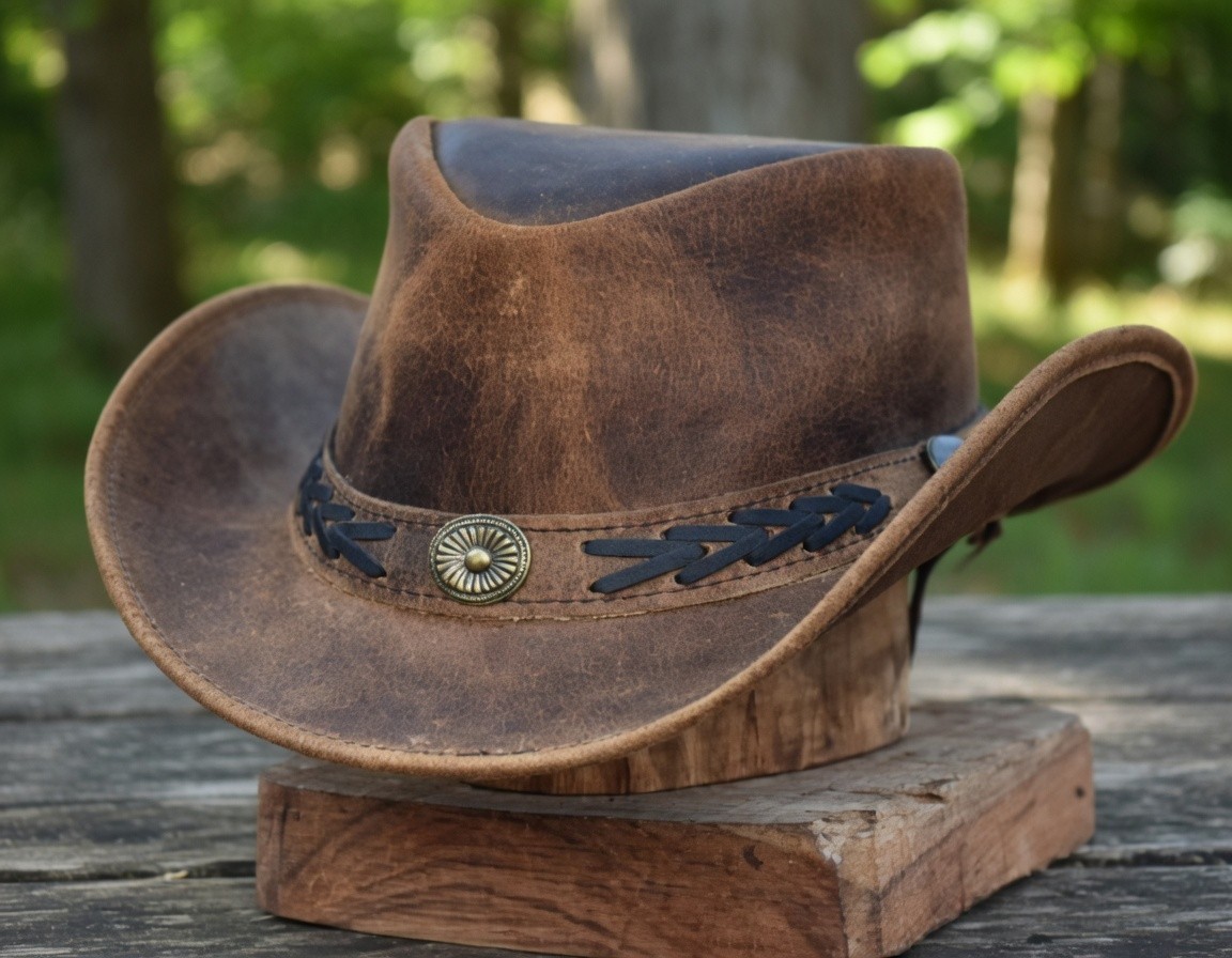 Handmade Distresed Brown Leather Cowboy Hat–Western Hat with Woven