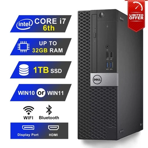 DELL Desktop Computer PC Core i7 6TH, 32GB RAM, 1TB NVMe SSD,Win 10/11,Wifi+BT