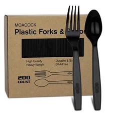 MOACOCK 200 Black Heavy Duty Plastic Forks Spoons, Disposable Silverware Set