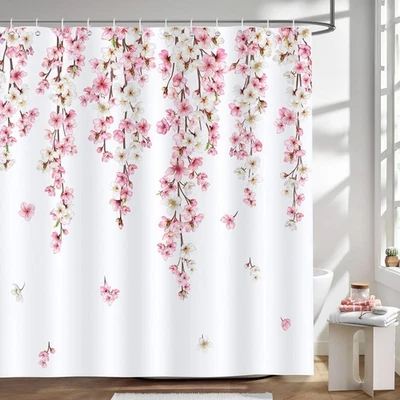 Bonhause Pink Cherry Blossom Shower Curtain Japanese Sakura Floral Spring Bathr