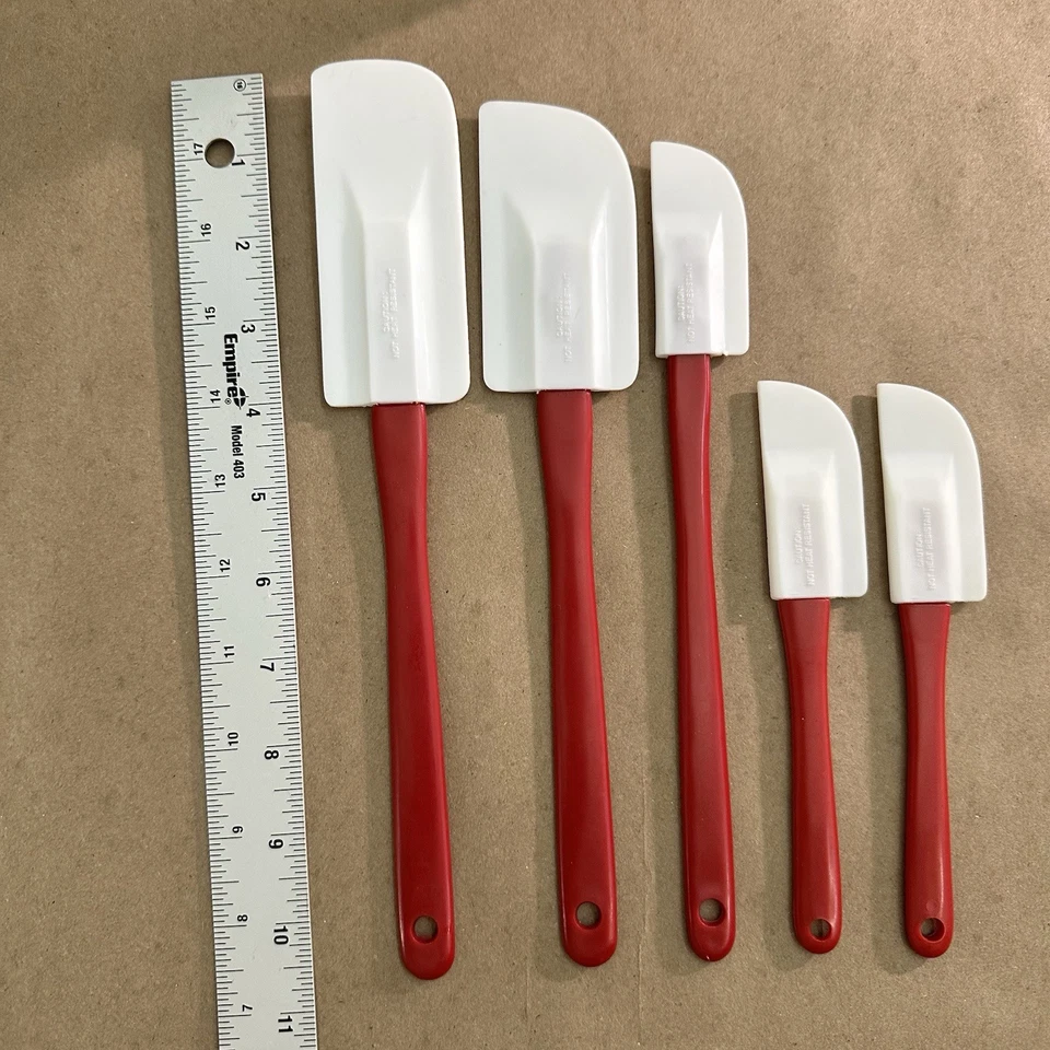 Juego de 5 rascadores de espátulas vintage mango rojo goma blanca nailon Foto 2 de 2