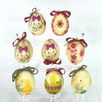 Vintage Easter Eggs Sugar Glitter Ornament Rabbit Chick Flower Foam Pin Lot Of 8
