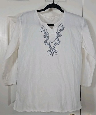 Boho Hippie White Embroidered Tunic L Renaissance Festival Ren Faire Cottagecore