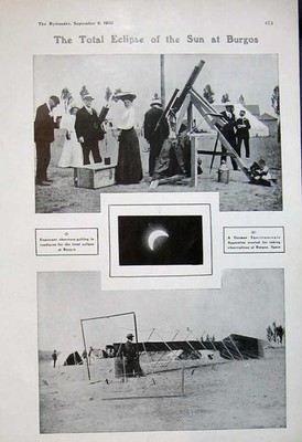 Alter antiker Druck 1905 Totale Sonnenfinsternis Sonne Burgos Mond Spanien spektroskopisch 20.