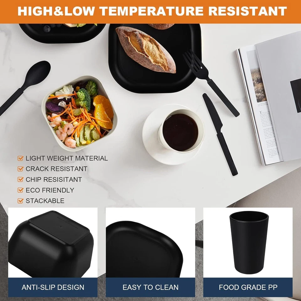 Квадратные наборы столовой посуды из пшеничной соломы 24 шт. для 4 небьющихся обеденных тарелок и... - Изображение 3 из 4