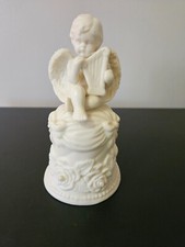 Vintage Bisque Snow Angel Baby Playing Harp Bell Figurine White
