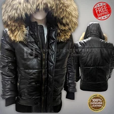 Down Men's Puffer Hooded Real Leather  Jacket Zip Pockets Bomber Winter Jacket