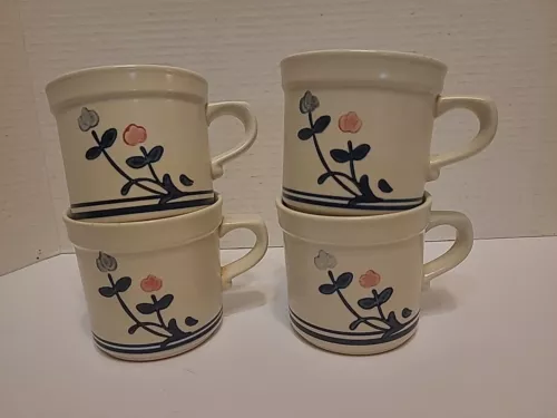 Pfaltzgraff Windsong Set of 4 Mugs Blue & Pink Flowers Vintage Retired Pattern