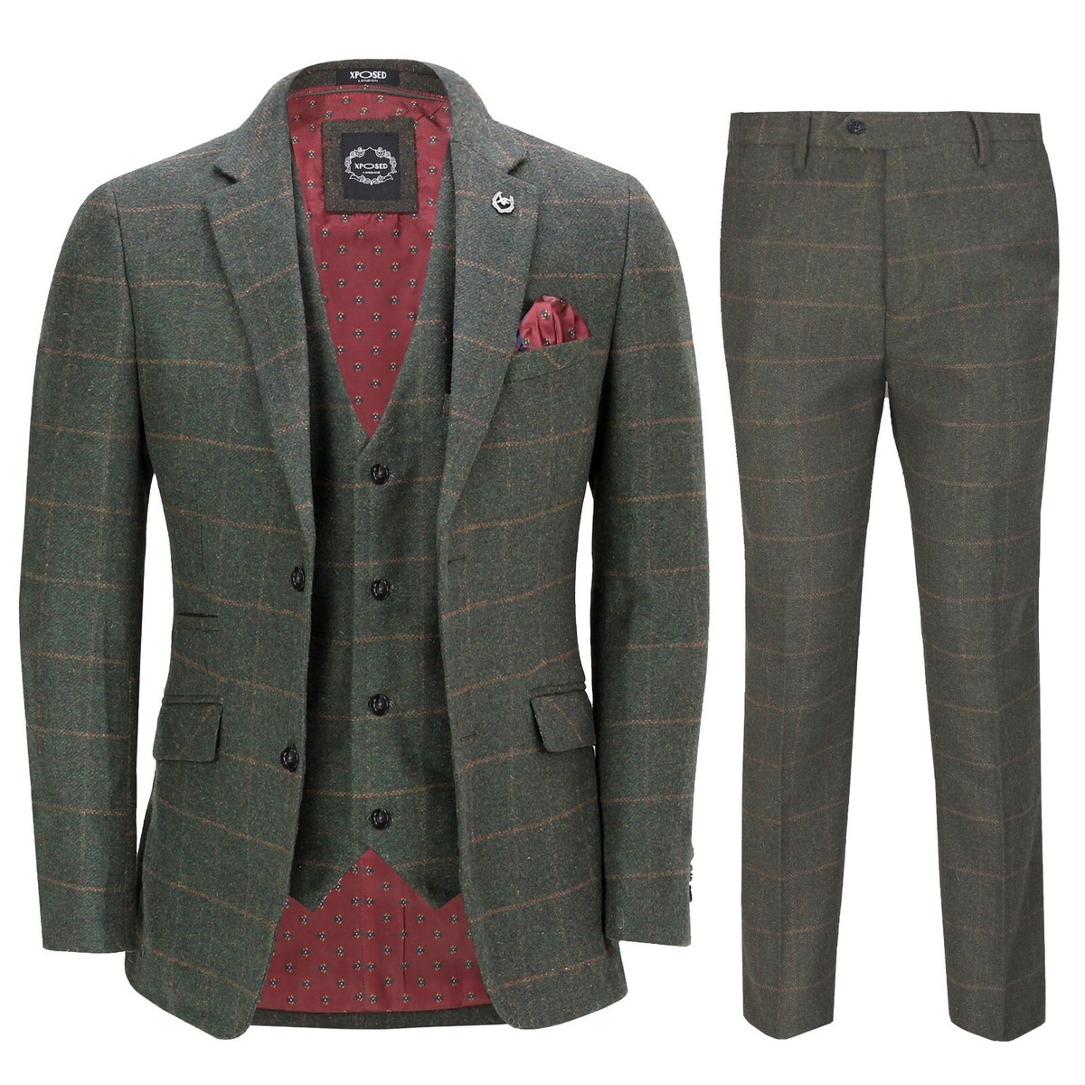 Mens Piece Suit Herringbone Tan Tweed Check Olive Green Retro