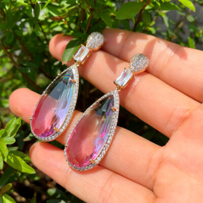 Exquisite Multicolor Rainbow CZ Crystal Long Big Drop Earring for