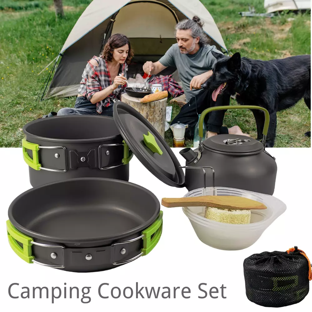 Camping Cookware Set, 13-piece Lightweight Aluminum Camping Casserole Pan  Set With Mesh Bag, Kettle, Knife, Fork, Spoon, 2 Cups And Hook