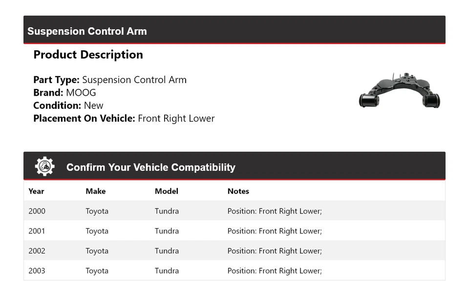 Brazo de control de suspensión delantero derecho inferior MOOG 2000-2003 Toyota Tundra 2000 Foto 2 de 4