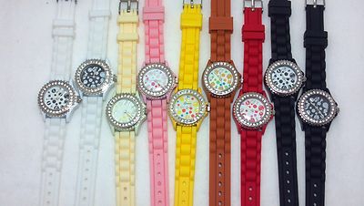Geneva Water Resistant Women Polka Dot Elegant Crystal Silicone Strap Watch