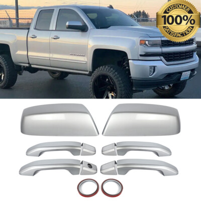Fit For 2014-2018 Chevy Silverado Door Handle COVERS+Top Mirrors Silver Ice New