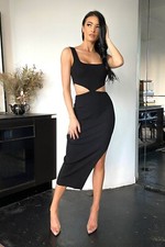 Damen Party Cocktail Cut out Midi Strickkleid mit Seitenschlitz Gr. S/M, M/L