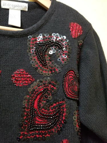 Maglione Natale Abito Donna Fienile Piccolo Nero Rosso Perline Paillettes Floreale - Foto 3 di 7